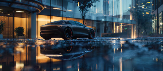 Modern electric car parked on city street reflecting in puddle at night