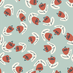 Fototapeta premium Floral seamless pattern with red tulips and leaves. Vector background, print, design