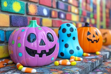 Obraz premium Pop art-style Halloween composition with bold, bright colors featuring cartoonish ghost, candy corn, and a polka-dotted pumpkin, all set against a comic book-style background