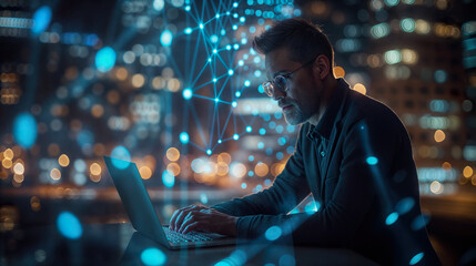 Software developer working late with an abstract network effect surrounding him