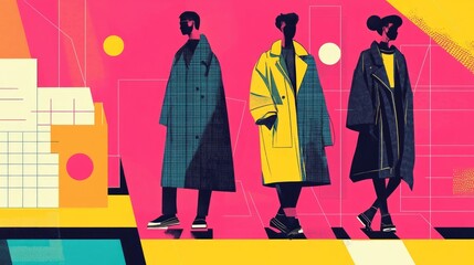 Flat design showcasing the adaptation of fashion trends to evolving cultural influences in the retail industry  The image depicts a contemporary