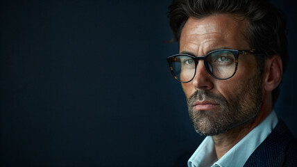 Serious businessman wearing glasses is  looking at the horizon