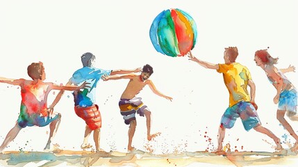 Beach ball clipart tossed between friends in a game,Clipart, watercolor illustration, Perfect for nursery art The style is handdrawn, white background