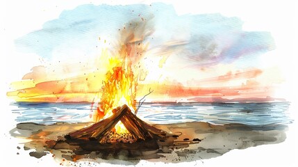 Fototapeta premium Beach bonfire clipart glowing in the twilight,Clipart, watercolor illustration, Perfect for nursery art The style is handdrawn, white background