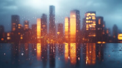 Fototapeta premium View of Night City through a window on a rainy night,Rain drops on window with road light bokeh, City life in night in rainy season abstract background. Focus on drops on glass,the wet window.