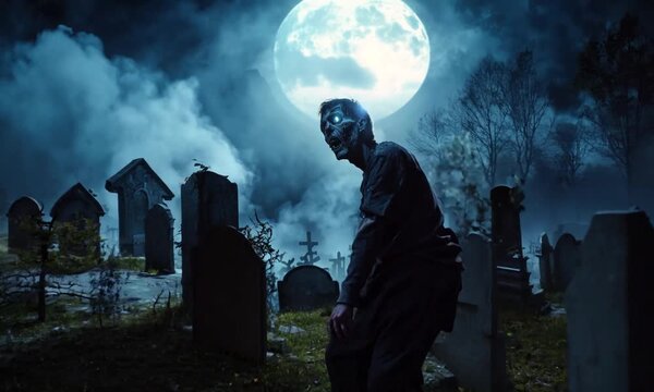 Zombie Rising Out Of A Graveyard cemetery In Spooky dark Night full moon. Holiday event halloween background concept