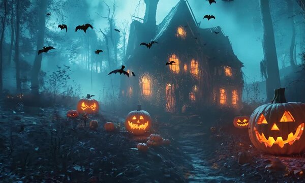 Halloween background with pumpkins and haunted house - 3D render. Halloween background with Evil Pumpkin. Spooky scary dark Night forrest