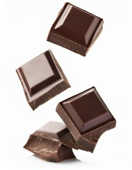 Falling Dark Chocolate Pieces: Close-Up on White Background