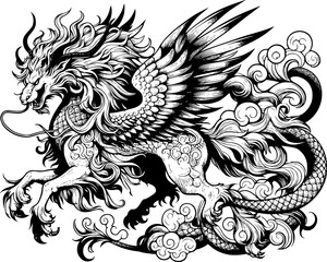 heraldic kirin with wings, blue dragon kirin, isolated on white, Qilin the dragon of wise, editable stroke, ready for your design