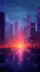 Fototapeta premium Night Rain in the city,City life in night in rainy season abstract background,Heavy rain in dark sky, rainy season,light lamp street night ,dark clouds and storm, vector illustration.