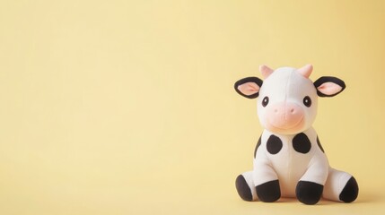 A white and black spotted plush cow toy sits on a yellow background.