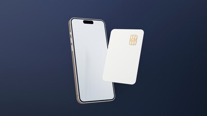 Smartphone and plastic credit card. 3d mobile phone with blank white screen and bank card with chip. Debit card for finance and cell phone on black background 3d render.