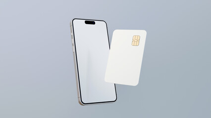 Smartphone and plastic credit card. 3d mobile phone with blank white screen and bank card with chip. Debit card for finance and cell phone on white background 3d render.