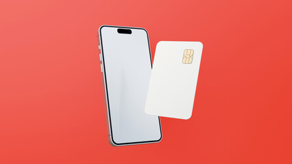 Smartphone and plastic credit card. 3d mobile phone with blank white screen and bank card with chip. Debit card for finance and cell phone on red background 3d render.