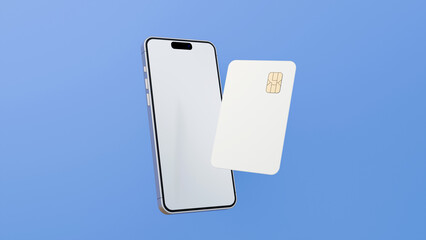 Smartphone and plastic credit card. 3d mobile phone with blank white screen and bank card with chip. Debit card for finance and cell phone on blue background 3d render.