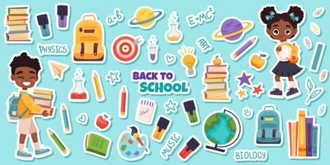 Set of school supplies stickers with back to school concept, educational stickers. Cute school children, notes, plans, to do list, books. Vector cartoon stickers for print, cards, stationery.