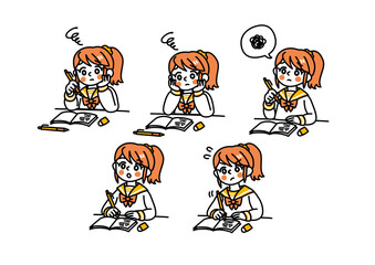 シンプルなタッチの女子学生2（勉学の悩み）/単色