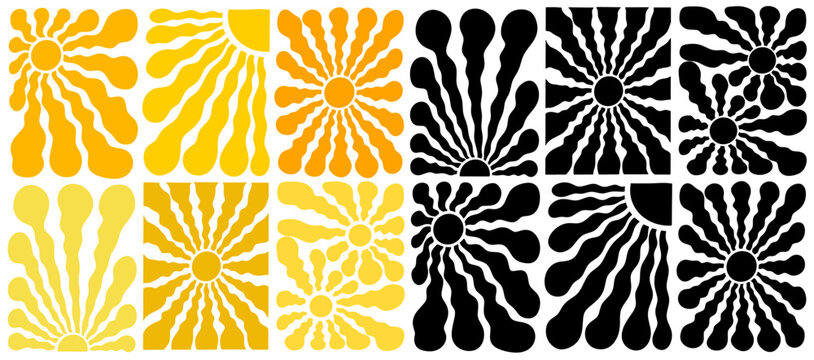 Big set of Boho yellow retro groovy sun background. Abstract wave ray pattern in trendy 70s style. Graphic fun hippie vector. Template summer wallpaper. Groovy sun psychedelic vintage background.