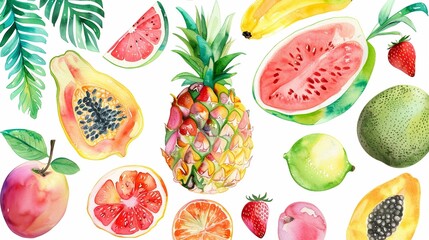 Tropical fruit clipart assortment,Clipart, watercolor illustration, Perfect for nursery art The style is handdrawn, white background