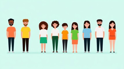 Obraz premium A diverse group of eight cartoon characters standing together, representing unity and community with vibrant outfits and styles.