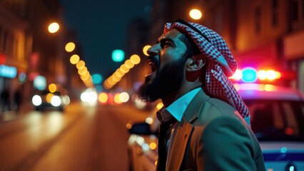 Obraz premium The image features a man in traditional attire standing near a police car on a busy urban street at night, with blurred city lights creating a vivid background, suggesting culture and tension.