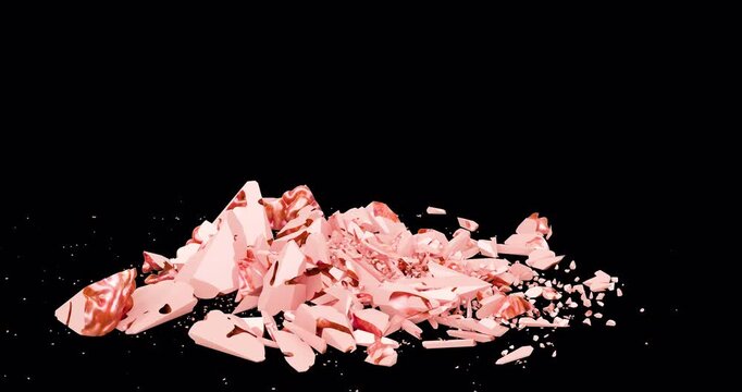 Brain falling down and breaking into pieces. Brain disease or destruction, memory loss concept. 3D animation isolated on transparent background