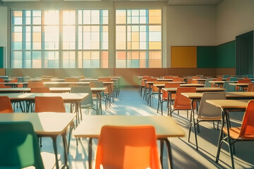 Sunlit Classroom with Empty Colorful Chairs and Desks