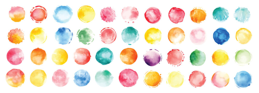 Set of color watercolor circle set. Vector smear watercolor splash stain Round hand drawn watercolor background with yellow, blue, red, pink, orange, green ink color