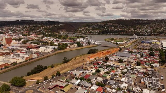 North Esk River crossing Launceston city, Tasmania in Australia. Aerial drone view