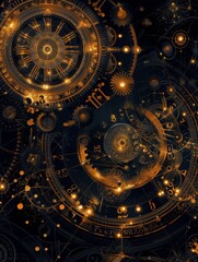 An intricate design featuring golden clocks and cosmic elements against a dark background.