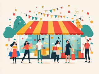 Flat design of customers enjoying retail promotions and discounts during a shopping festival event  The scene depicts a lively commercial setting with people shopping using shopping carts bags