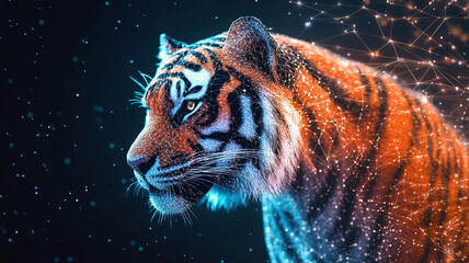 A tiger surrounded by a digital network, symbolizing the integration of natural elements with advanced technology in the new LLM model codenamed tiger
