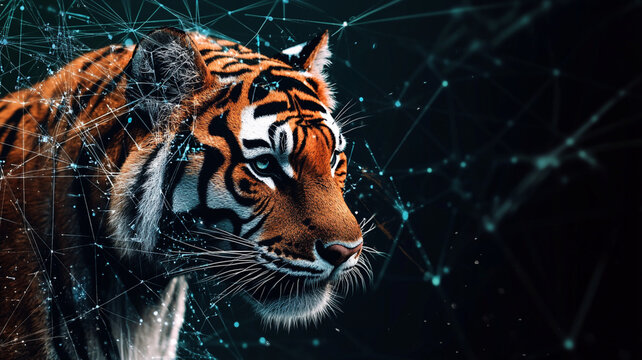 A tiger surrounded by a digital network, symbolizing the integration of natural elements with advanced technology in the new LLM model codenamed tiger