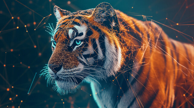 A tiger surrounded by a digital network, symbolizing the integration of natural elements with advanced technology in the new LLM model codenamed tiger