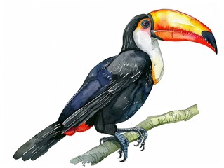 Fototapeta premium Toucan clipart with a colorful beak,Clipart, watercolor illustration, Perfect for nursery art The style is handdrawn, white background