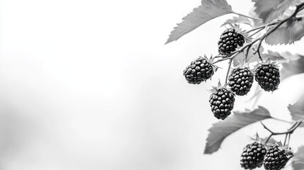 Naklejka premium Close-up black and white photo of blackberries on a branch against a white background.