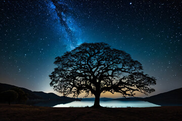 Solitary tree silhouette stands tall against vibrant orange and purple dusk sky