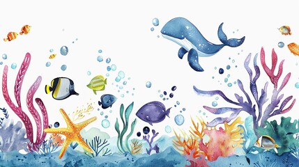 Fototapeta premium Tidal pool clipart with colorful sea creatures,Clipart, watercolor illustration, Perfect for nursery art The style is handdrawn, white background