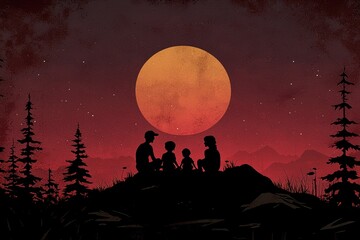 Silhouette of Family Under Full Moon