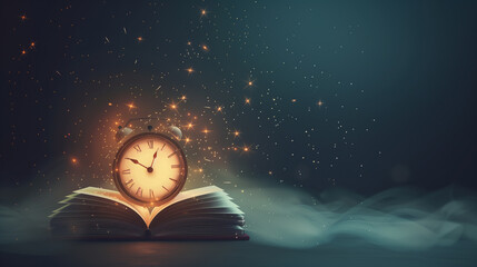 A vintage clock with magical glow, open book, and dreamy background. ..
