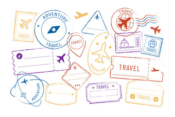 PNG colorful travel stamp set, transparent background © Rawpixel.com