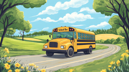 Obraz premium Happy yellow cartoon smiling school bus on sunny country road children's storybook style illustration first day of school back to school concepts with positive emotion, colorful and friendly