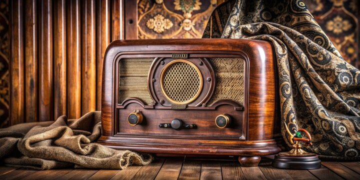 Vintage wooden radio with ornate details and knobs, adorned with dusty antique decorations, sitting on a worn velvet cloth in a nostalgic setting.