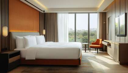 Fototapeta premium Modern hotel room with king size bed overlooking city park