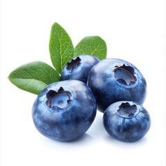 Obraz premium Four blueberries with green leaves isolated on white background.