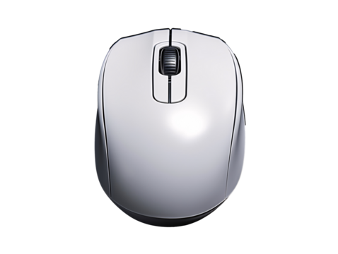 a white computer mouse with black buttons