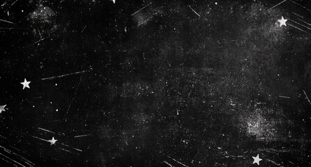 A black background with scratches and dust, scattered with white stars, creating a grainy, vintage film texture..