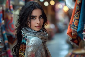 Obraz premium Beautiful young woman wearing a patterned scarf, standing in a market setting.