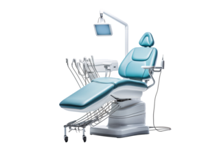 a blue chair with a cart and a lamp