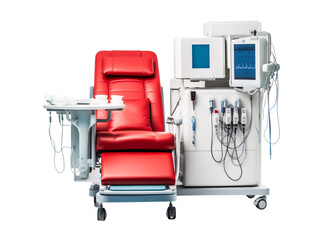 a red chair next to a white medical equipment